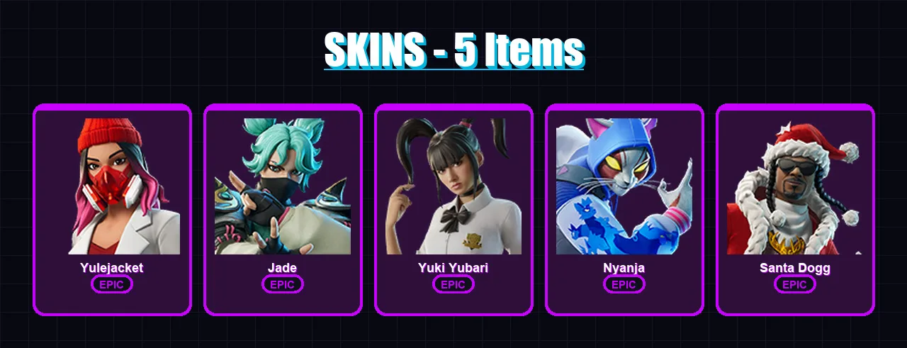 [PC/PSN] | Yulejacket | Jade | Yuki Yubari | Nyanja | Santa Dogg | 5 skin | 20 pickaxe | 10 emote | 12 glider | Lv84