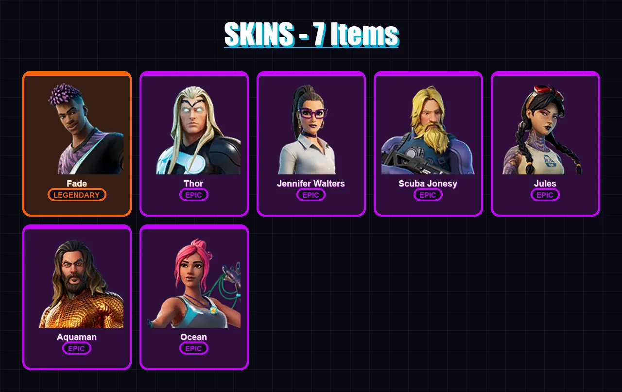 [PC/XBOX/PSN] | Fade | Thor | Jennifer Walters | Scuba Jonesy | Jules | 7 skin | 14 pickaxe | 11 emote | 14 glider | Lv242