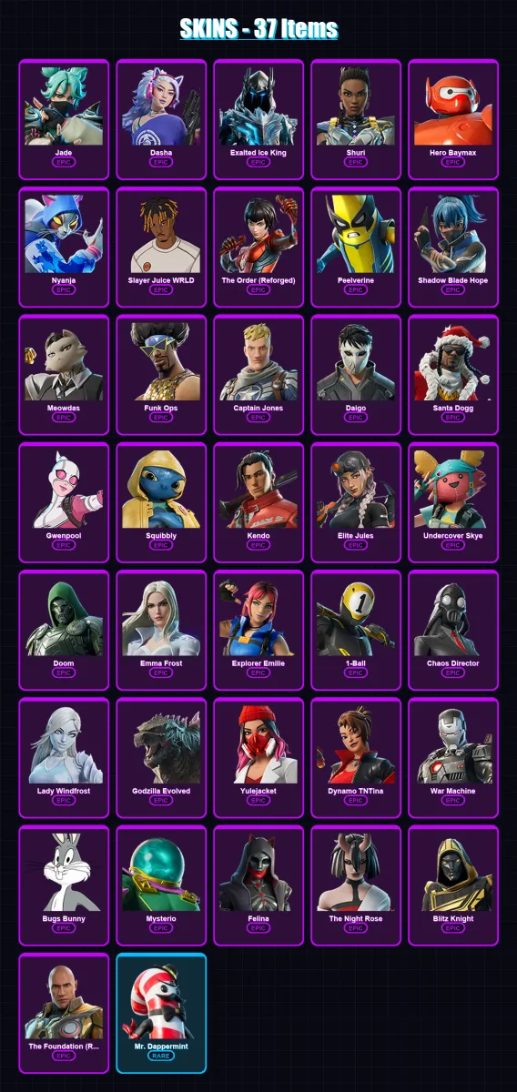 [PC] | Jade | Dasha | Exalted Ice King | Shuri | Hero Baymax | 37 skin | 65 pickaxe | 40 emote | 46 glider | Lv612