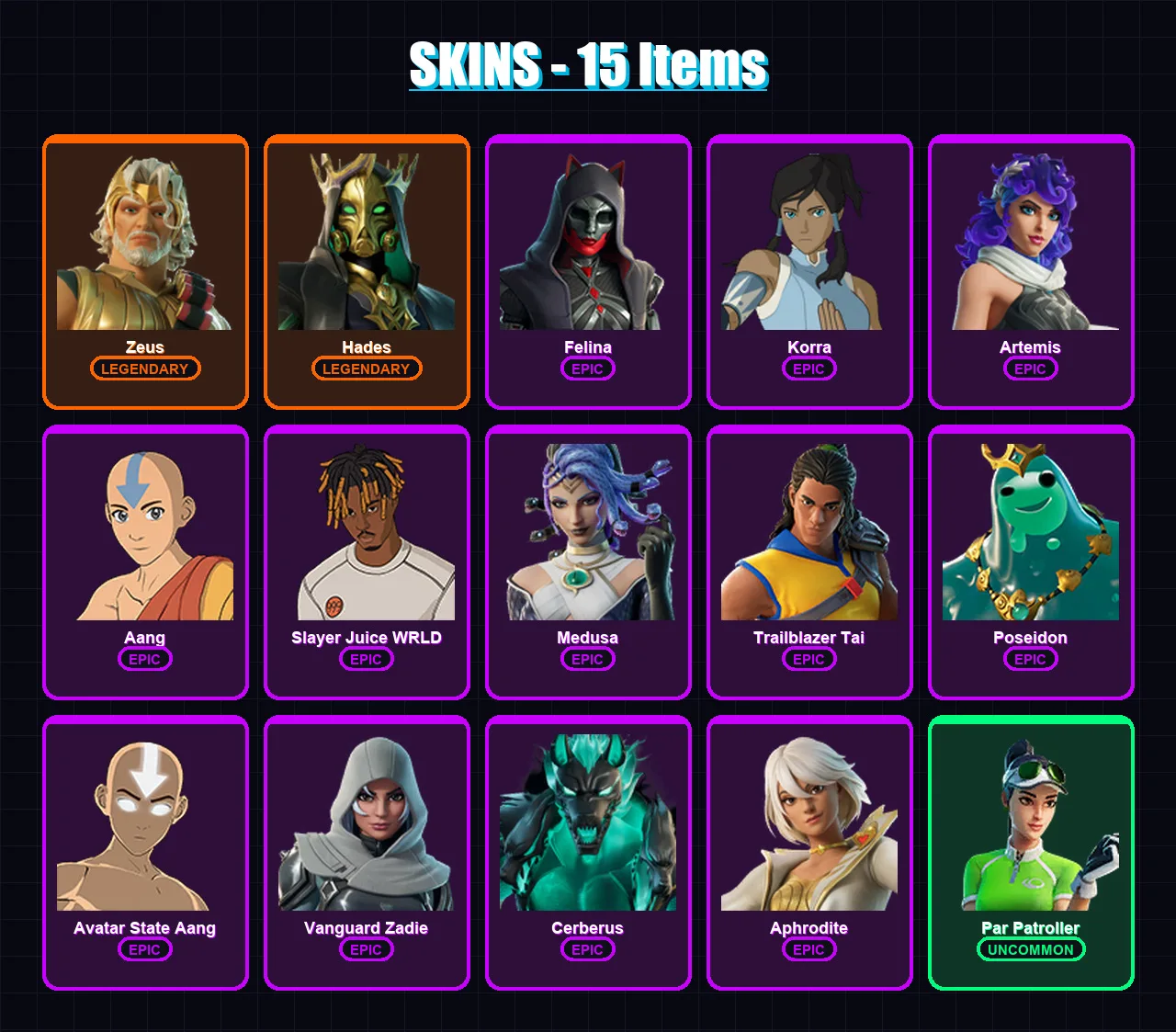 [PC/XBOX/PSN] | Zeus | Hades | Felina | Korra | Artemis | 15 skin | 52 pickaxe | 37 emote | 42 glider | Lv728