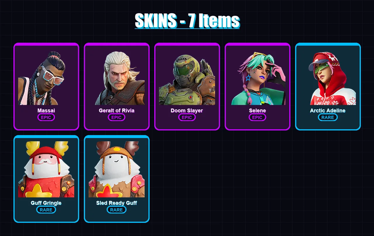 [PC/XBOX/PSN] | Massai | Geralt of Rivia | Doom Slayer | Selene | Arctic Adeline | 7 skin | 8 pickaxe | 6 emote | 10 glider | Lv54
