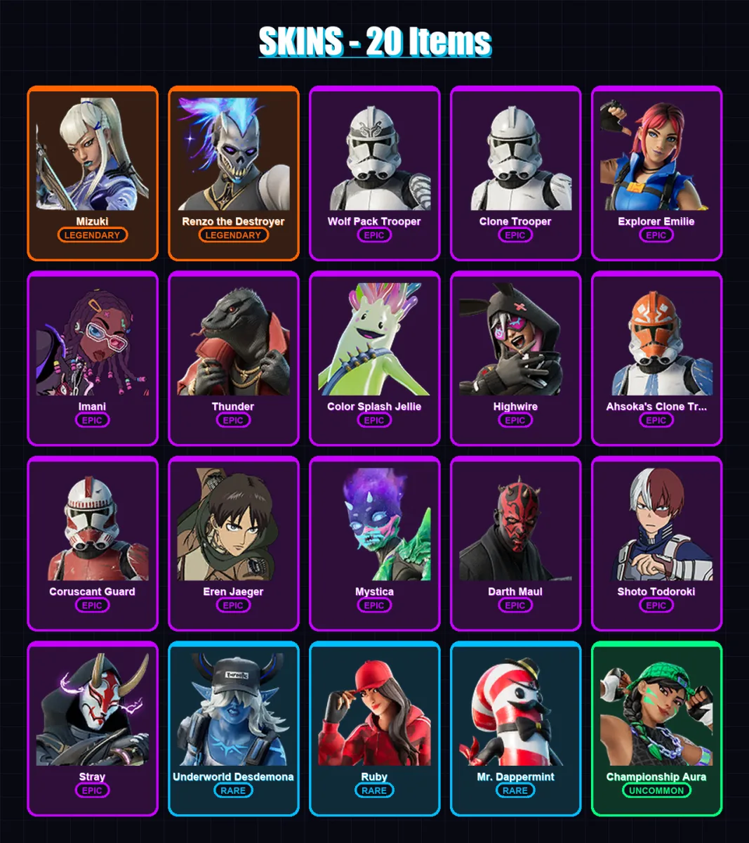 [PC/XBOX/PSN] | Mizuki | Renzo the Destroyer | Wolf Pack Trooper | 20 skin | Lv712