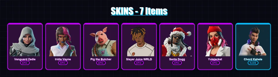 [PC/XBOX/PSN] | Vanguard Zadie | Iridia Vayne | Pig the Butcher | Slayer Juice WRLD | Santa Dogg | 7 skin | 42 pickaxe | 22 emote | 25 glider | Lv51 — main preview