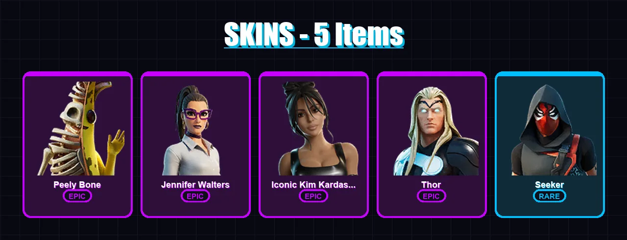 [PC/XBOX/PSN] | Peely Bone | Jennifer Walters | Iconic Kim Kardashian | Thor | Seeker | 5 skin | 10 pickaxe | 9 emote | 9 glider | Lv87
