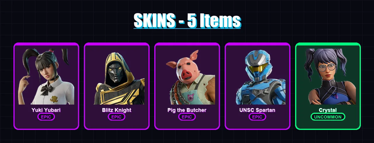 [PC/XBOX/PSN] | Yuki Yubari | Blitz Knight | Pig the Butcher | UNSC Spartan | Crystal | 5 skin | 58 pickaxe | 24 emote | 34 glider | Lv563
