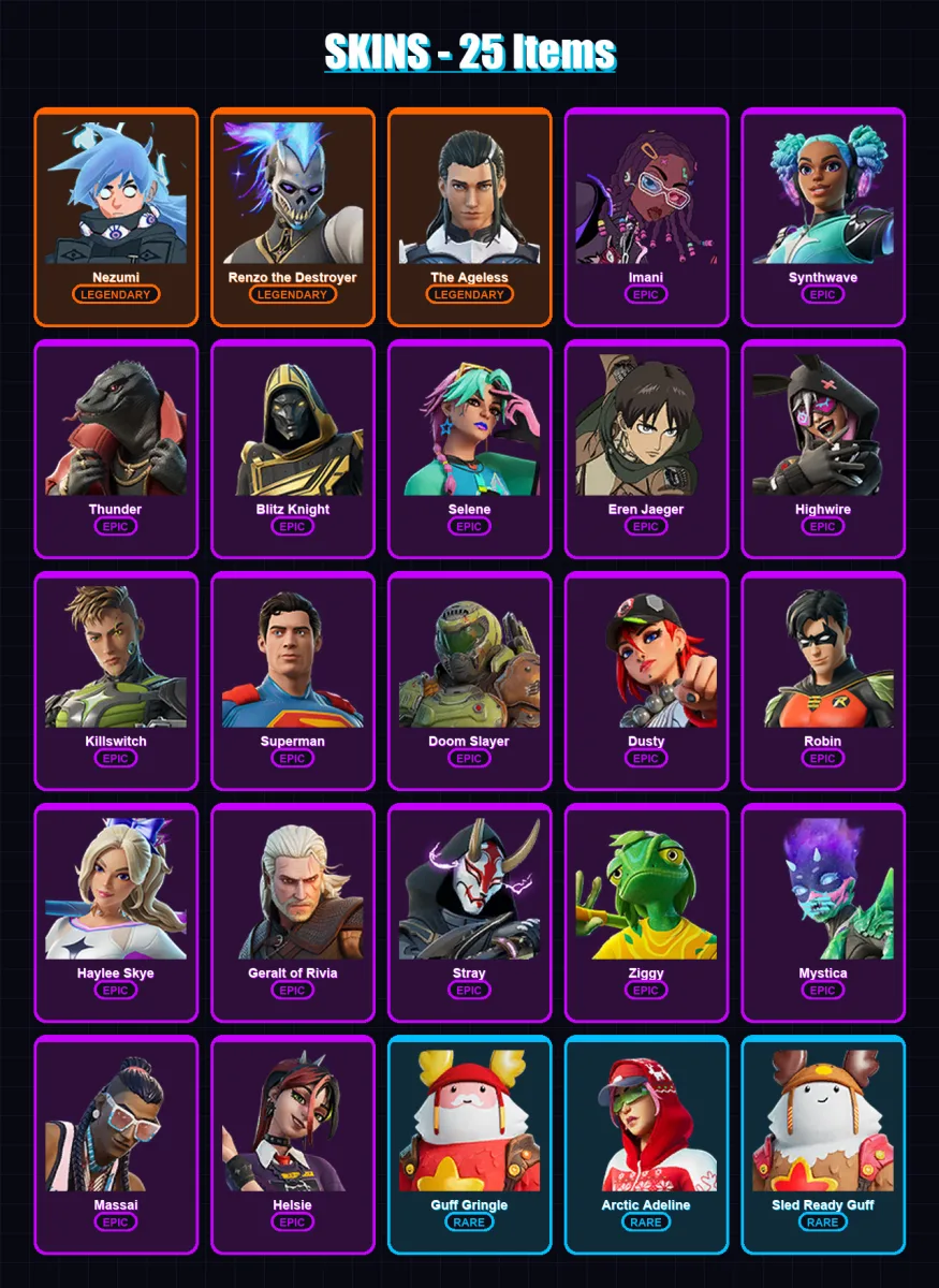 [PC/XBOX/PSN] | Nezumi | Renzo the Destroyer | The Ageless | Imani | Synthwave | 25 skin | 36 pickaxe | 27 emote | 34 glider | Lv417
