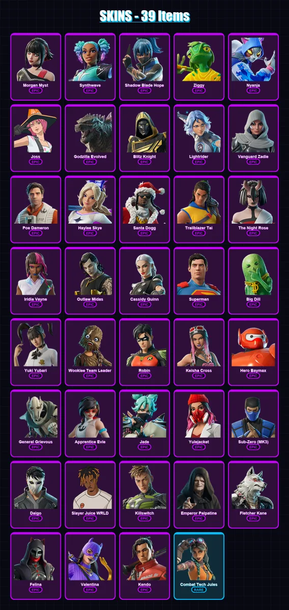 [SWITCH/XBOX/PSN/PC] | Morgan Myst | Synthwave | Shadow Blade Hope | Ziggy | Nyanja | 39 skin | 76 pickaxe | 53 emote | 53 glider | Lv1007