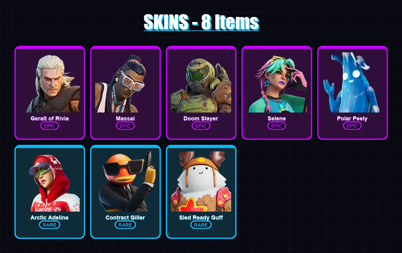 [PC/XBOX/PSN] | Geralt of Rivia | Massai | Doom Slayer | Selene | Polar Peely | 8 skin | 18 pickaxe | 17 emote | 20 glider | Lv243