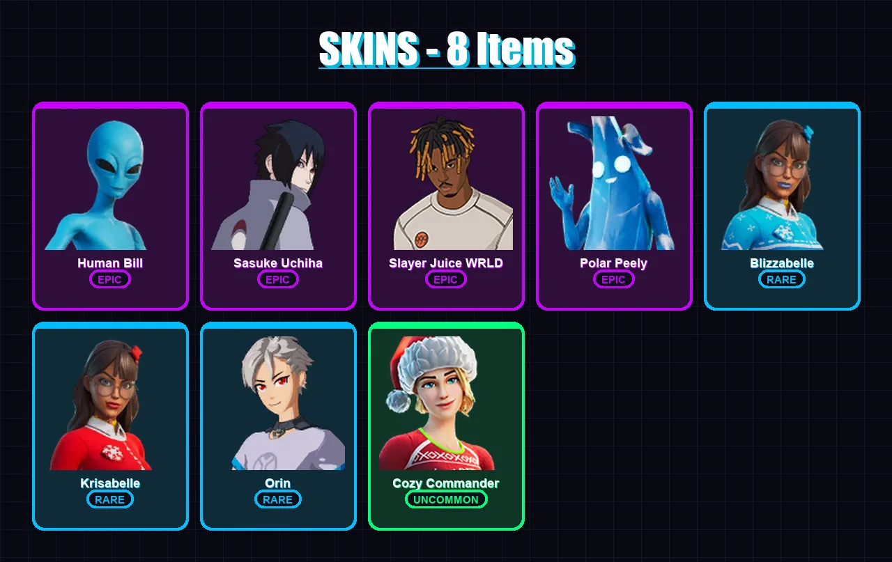 [PC/XBOX/PSN] | Human Bill | Sasuke Uchiha | Slayer Juice WRLD | Polar Peely | Blizzabelle | 8 skin | 18 pickaxe | 12 emote | 11 glider | Lv210