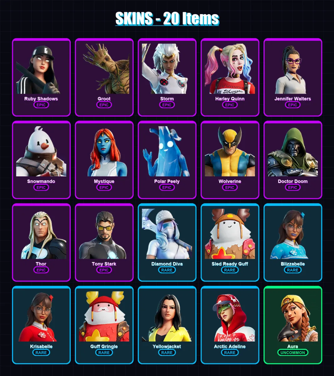 [PC/XBOX/PSN] | Ruby Shadows | Groot | Storm | Harley Quinn | Jennifer Walters | 20 skin | 29 pickaxe | 26 emote | 27 glider | Lv543