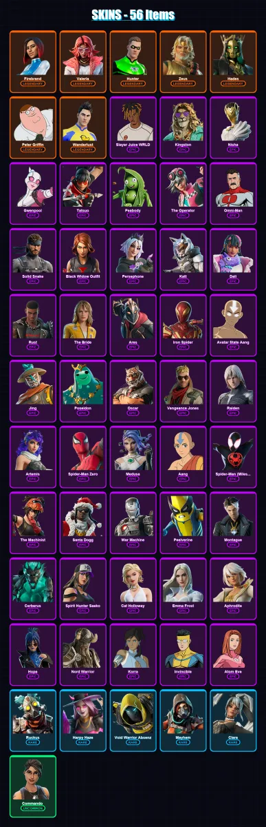 [PC/XBOX/PSN] | Firebrand | Valeria | Hunter | Zeus | Hades | 56 skin | 70 pickaxe | 55 emote | 42 glider | Lv461