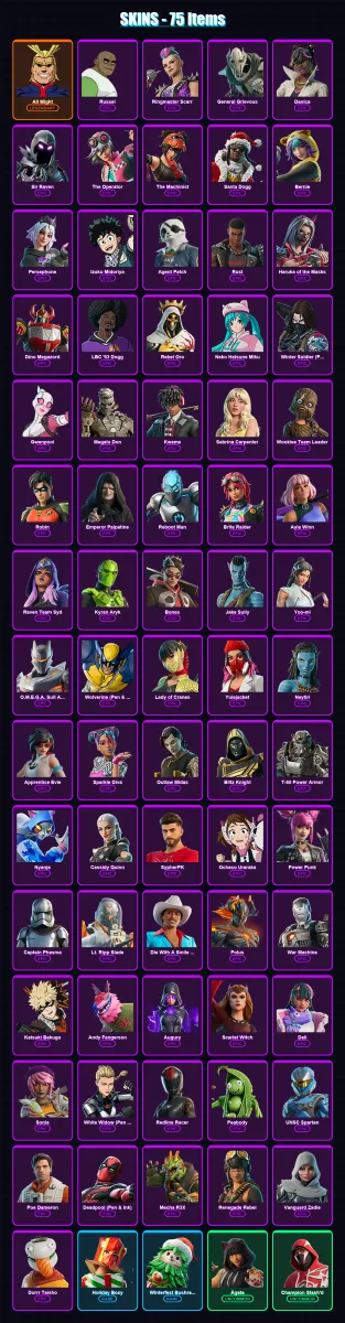 [PC/XBOX/PSN] | All Might | Russel | Ringmaster Scarr | General Grievous | Danica | 75 skin | 97 pickaxe | 46 emote | 54 glider | Lv379
