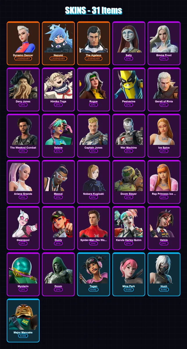 [PC/XBOX] | Dynamo Dancer | Nezumi | The Ageless | Sally | Emma Frost | 31 skin | 41 pickaxe | 37 emote | 26 glider | Lv363