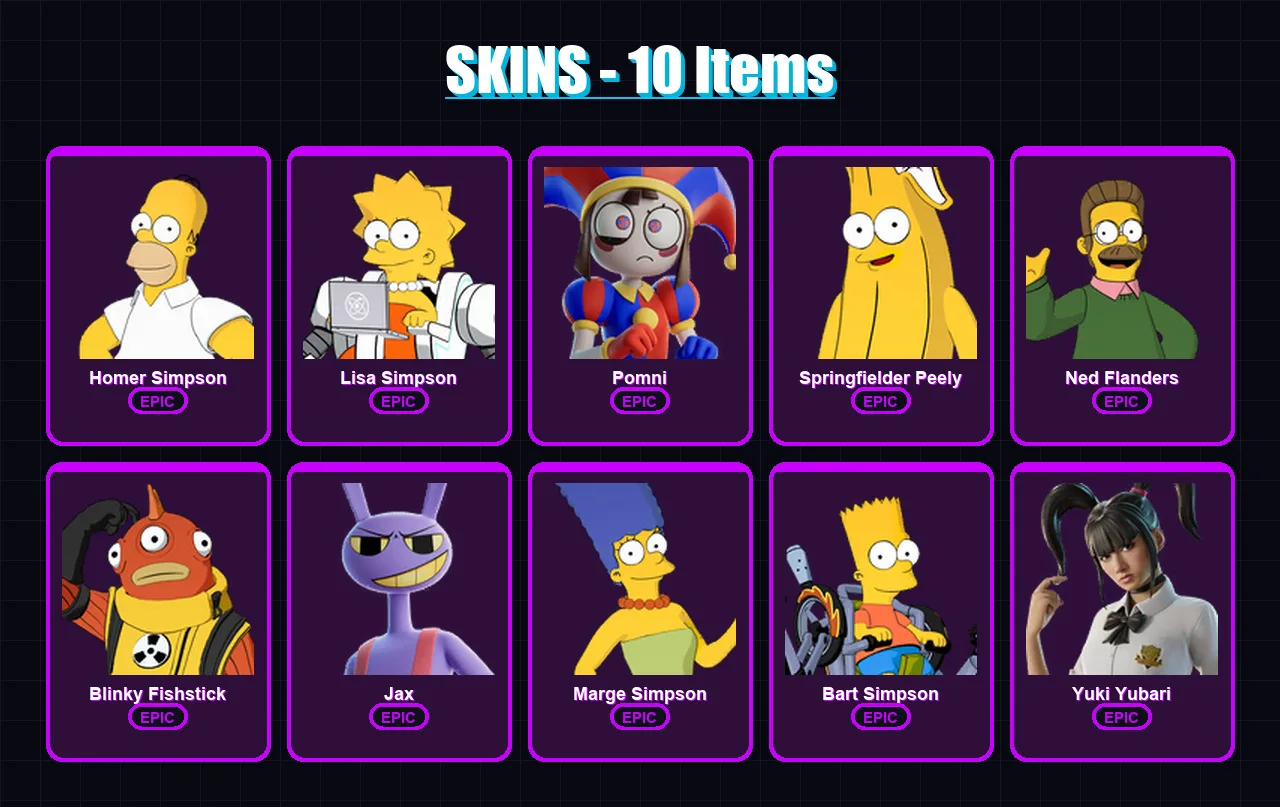 [PC/XBOX/PSN] | Homer Simpson | Lisa Simpson | Pomni | Springfielder Peely | Ned Flanders | 10 skin | 19 pickaxe | 13 emote | 12 glider | Lv86