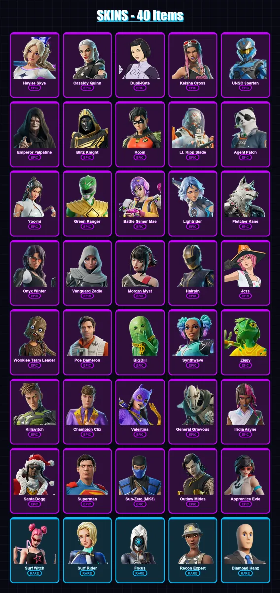 [PC/XBOX/PSN] | Haylee Skye | Cassidy Quinn | Dupli-Kate | Keisha Cross | UNSC Spartan | 40 skin | 82 pickaxe | 48 emote | 58 glider | Lv1235