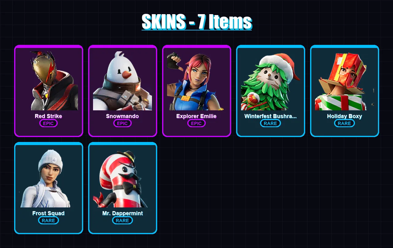 [PC/XBOX/PSN] | Red Strike | Snowmando | Explorer Emilie | Winterfest Bushranger | Holiday Boxy | 7 skin | 26 pickaxe | 23 emote | 32 glider | Lv490