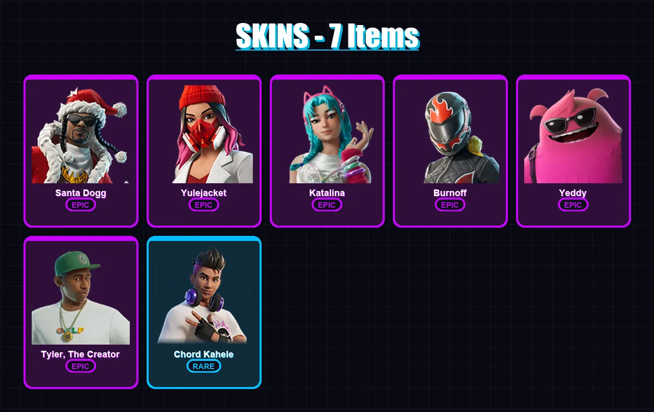 [PC/XBOX] | Santa Dogg | Yulejacket | Katalina | Burnoff | Yeddy | 7 skin | 23 pickaxe | 13 emote | 15 glider | Lv157