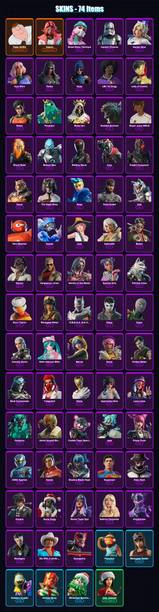 [PC/XBOX] | Peter Griffin | Valeria | Street Wave Teknique | Captain Phasma | Haylee Skye | 74 skin | 87 pickaxe | 74 emote | 58 glider | Lv747
