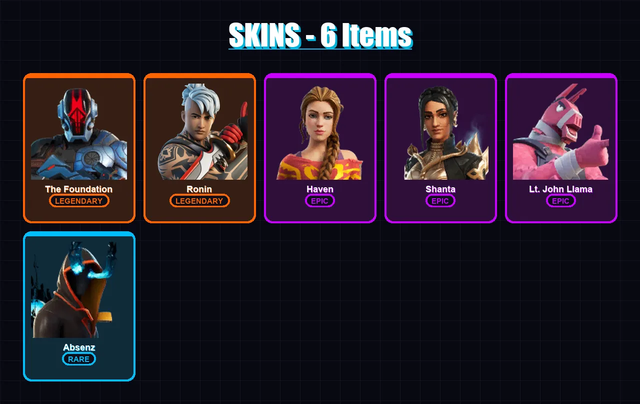 [PS4/PS5/XBOX/PC] | The Foundation | Ronin | Haven | Shanta | Lt. John Llama | 6 skin | 12 pickaxe | 13 emote | 9 glider | Lv119