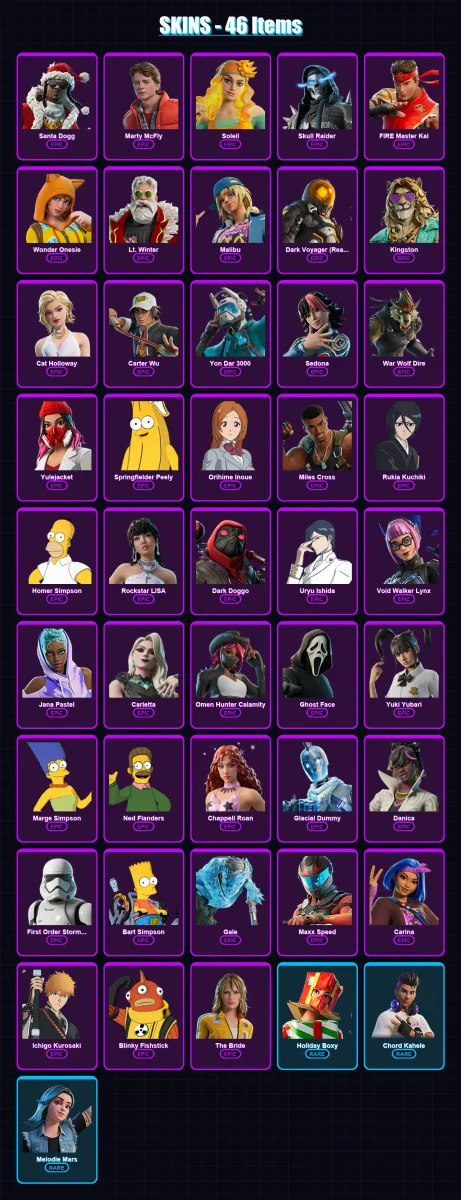 [PC/PSN] | Santa Dogg | Marty McFly | Soleil | Skull Raider | FIRE Master Kai | 46 skin | 59 pickaxe | 30 emote | 29 glider | Lv325
