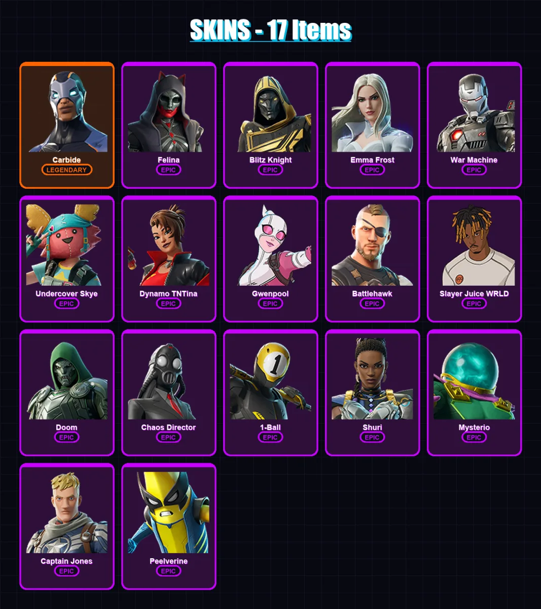 [PC/XBOX/PSN] | Carbide | Felina | Blitz Knight | Emma Frost | War Machine | 17 skin | 46 pickaxe | 21 emote | 28 glider | Lv402