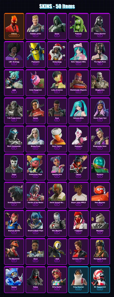 [PC/XBOX] | Inferno | Captain Jones | Doom | Peabody | Chaos Director | 50 skin | 80 pickaxe | 53 emote | 53 glider | Lv782