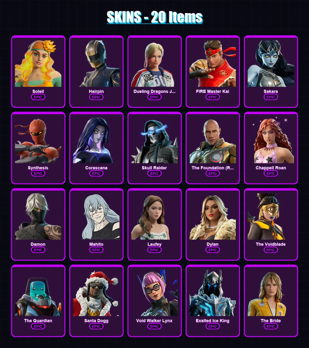 [PC/XBOX] | Soleil | Hairpin | Dueling Dragons Jackie | FIRE Master Kai | Sakara | 20 skin | 32 pickaxe | 9 emote | 16 glider | Lv140