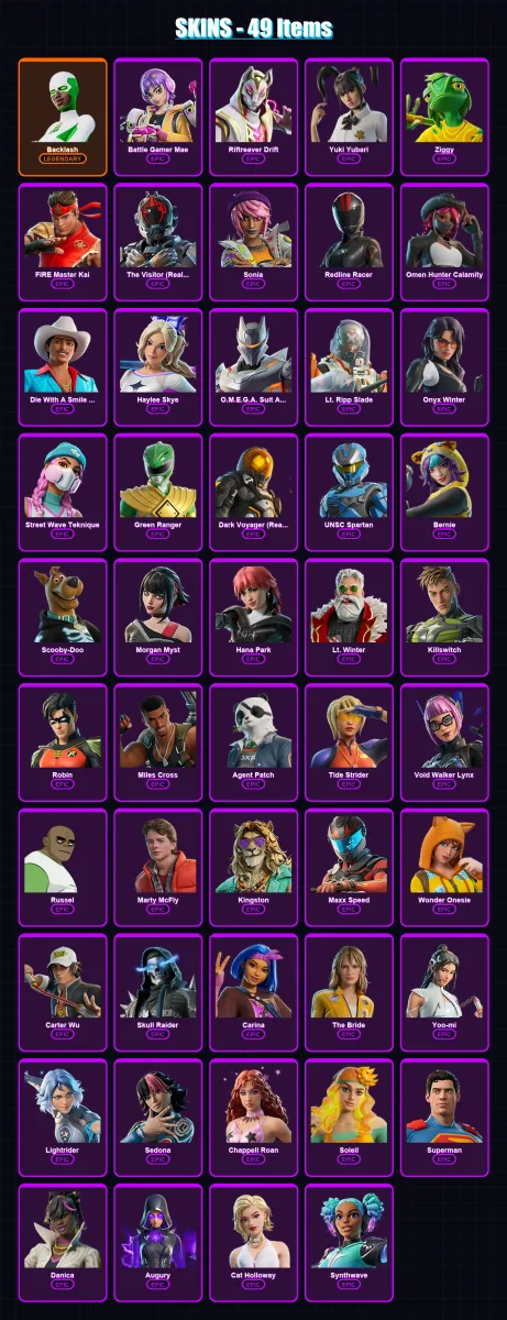 [PC/XBOX] | Backlash | Battle Gamer Mae | Riftreaver Drift | Yuki Yubari | Ziggy | 49 skin | 65 pickaxe | 52 emote | 38 glider | Lv550