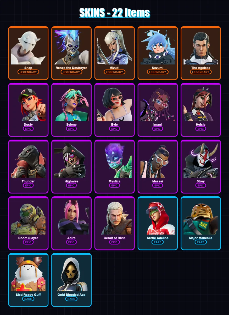 [PC/XBOX/PSN] | Snap | Renzo the Destroyer | Mizuki | Nezumi | The Ageless | 22 skin | 35 pickaxe | 26 emote | 38 glider | Lv488