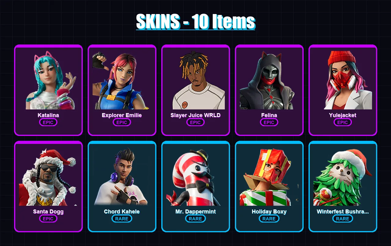 [PC/XBOX/PSN] | Katalina | Explorer Emilie | Slayer Juice WRLD | Felina | Yulejacket | 10 skin | 25 pickaxe | 11 emote | 18 glider | Lv342