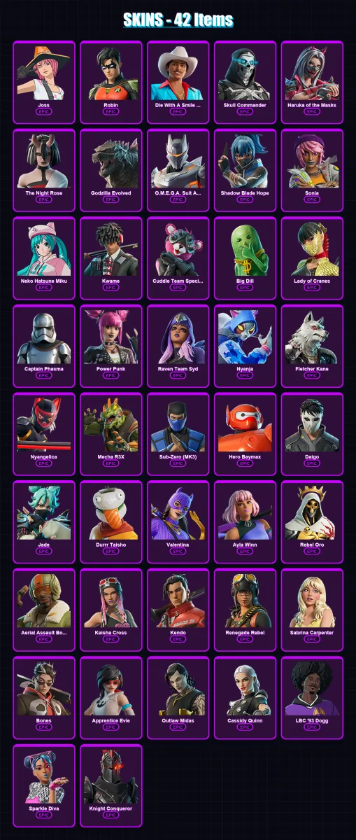[PC/PSN] | Joss | Robin | Die With A Smile Bruno | Skull Commander | Haruka of the Masks | 42 skin | 46 pickaxe | 34 emote | 25 glider | Lv235
