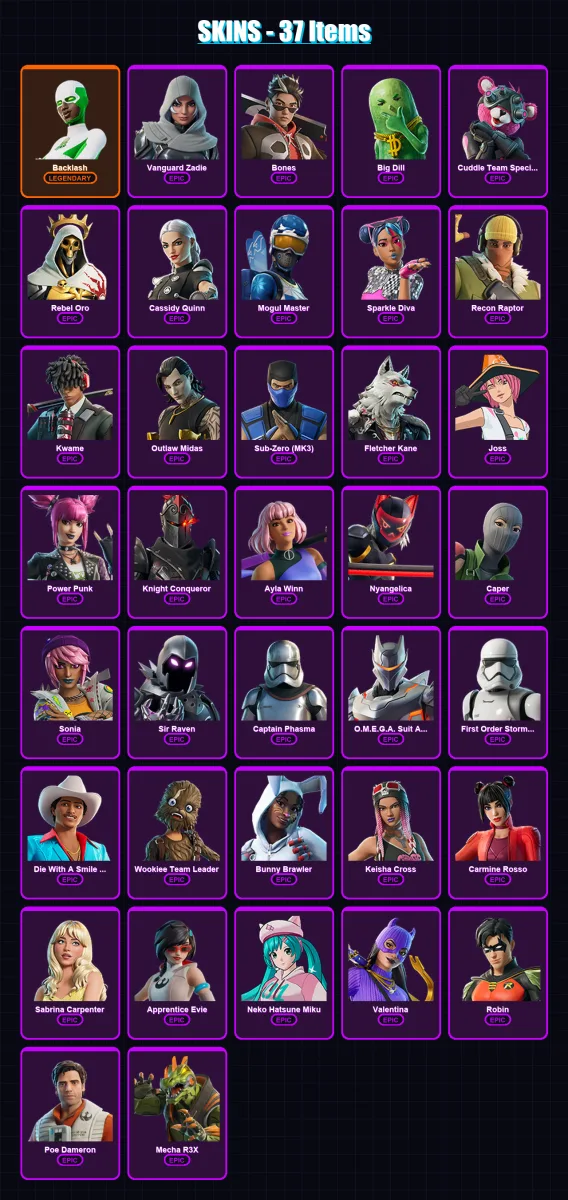 [PC/XBOX/PSN] | Backlash | Vanguard Zadie | Bones | Big Dill | Cuddle Team Specialist | 37 skin | 36 pickaxe | 32 emote | 25 glider | Lv234