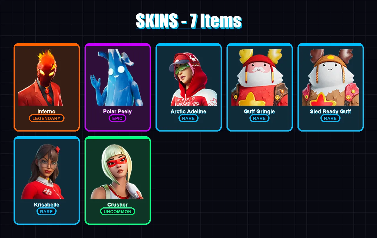 [PC/XBOX/PSN] | Inferno | Polar Peely | Arctic Adeline | Guff Gringle | Sled Ready Guff | 7 skin | 19 pickaxe | 17 emote | 20 glider | Lv328
