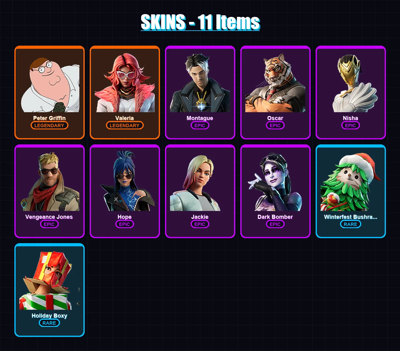 [PC/XBOX/PSN] | Peter Griffin | Valeria | Montague | Oscar | Nisha | 11 skin | 10 pickaxe | 10 emote | 9 glider | Lv112