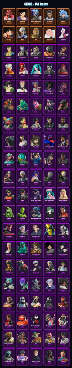 [PC] | Valeria | Son Gohan | Renzo the Destroyer | The Ageless | Nezumi | 144 skin | 166 pickaxe | 117 emote | 93 glider | Lv1025