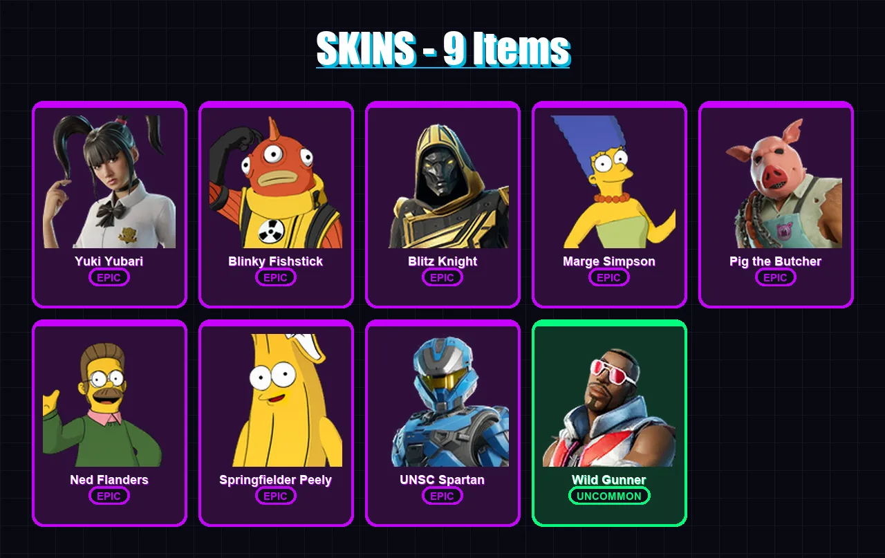 [PC/XBOX/PSN] | Yuki Yubari | Blinky Fishstick | Blitz Knight | Marge Simpson | Pig the Butcher | 9 skin | 46 pickaxe | 16 emote | 27 glider | Lv448