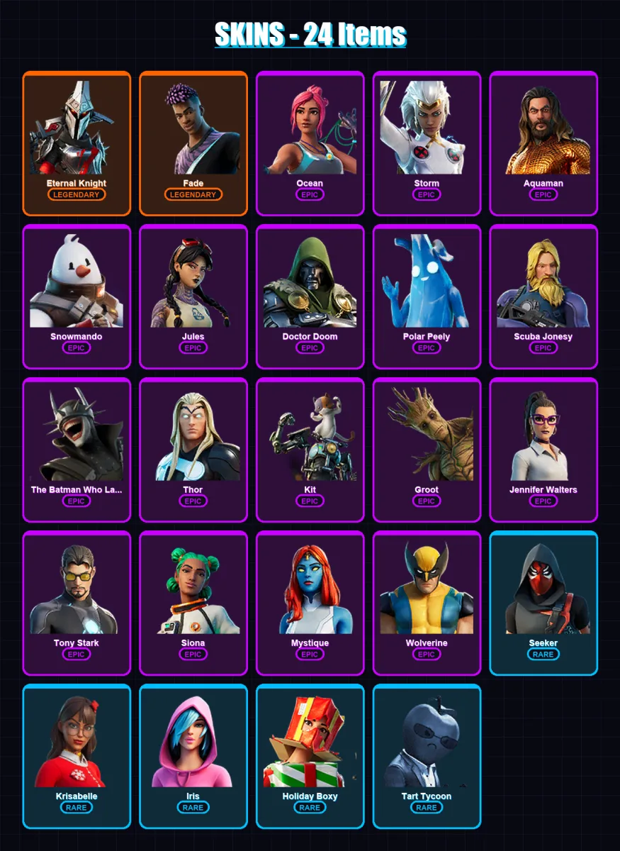 [PC/XBOX/PSN] | Eternal Knight | Fade | Ocean | Storm | Aquaman | 24 skin | 36 pickaxe | 35 emote | 33 glider | Lv607