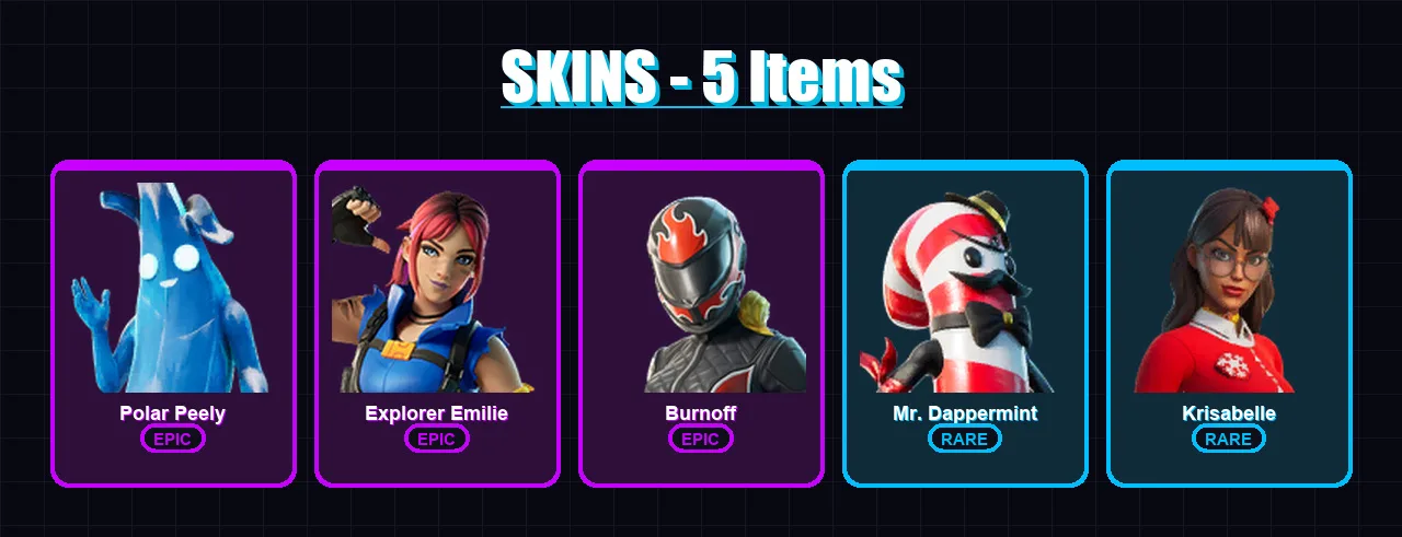[PC/XBOX/PSN] | Polar Peely | Explorer Emilie | Burnoff | Mr. Dappermint | Krisabelle | 5 skin | 8 pickaxe | 4 emote | 2 glider | Lv24