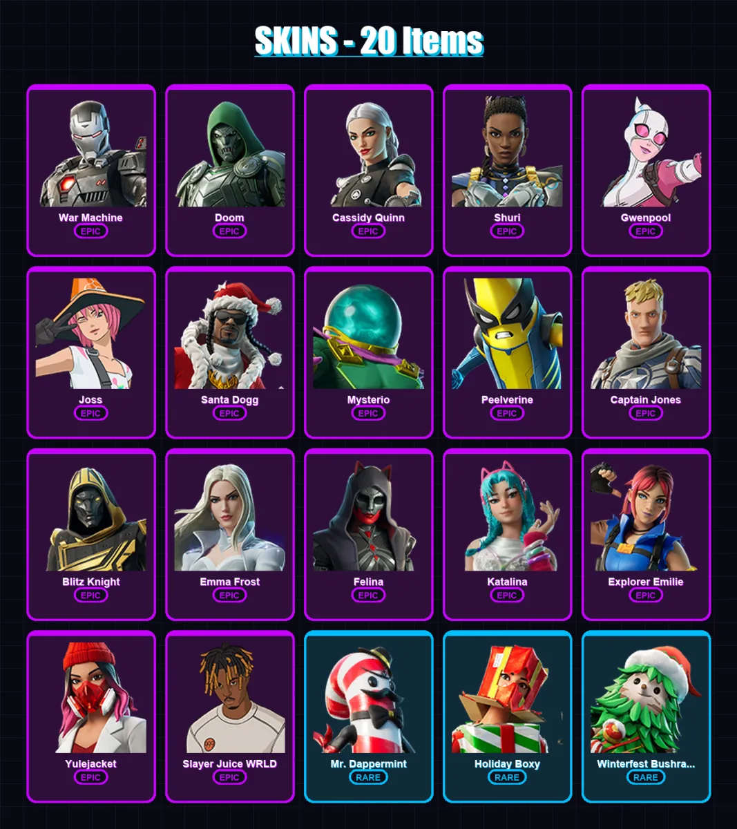 [PS4/PS5/XBOX/PC] | War Machine | Doom | Cassidy Quinn | Shuri | Gwenpool | 20 skin | 62 pickaxe | 30 emote | 49 glider | Lv992 — Fortnite account