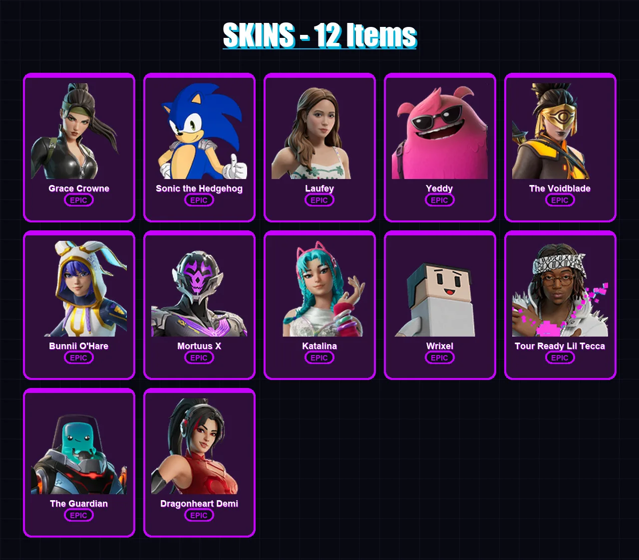 [PC/PSN] | Grace Crowne | Sonic the Hedgehog | Laufey | Yeddy | The Voidblade | 12 skin | 14 pickaxe | 8 emote | 11 glider | Lv58