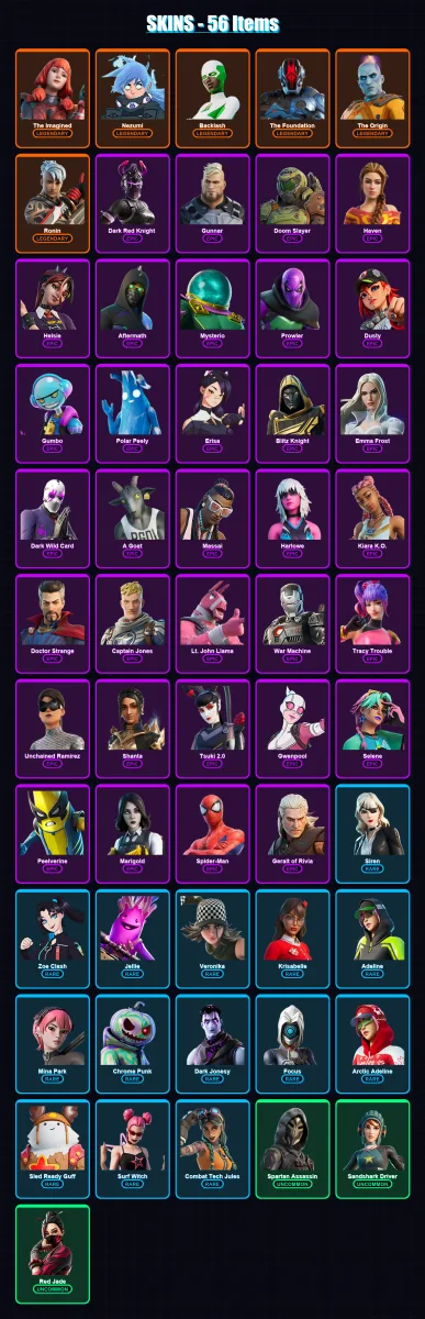 [PS4/PS5/XBOX/PC] | The Imagined | Nezumi | Backlash | The Foundation | The Origin | 56 skin | 84 pickaxe | 56 emote | 63 glider | Lv1272