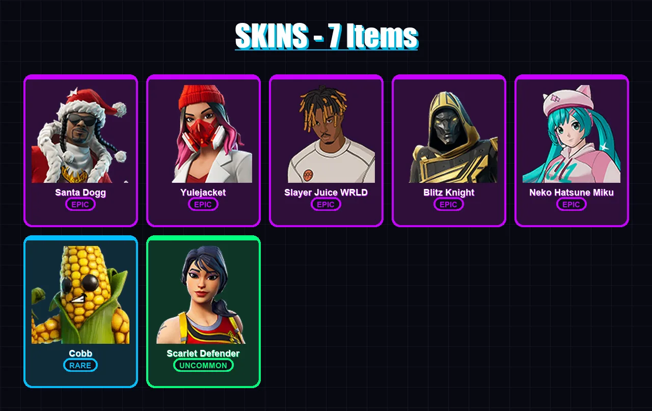 [PS4/PS5/PC] | Santa Dogg | Yulejacket | Slayer Juice WRLD | Blitz Knight | Neko Hatsune Miku | 7 skin | 40 pickaxe | 13 emote | 20 glider | Lv263