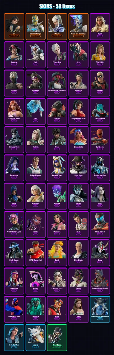 [PC/XBOX/PSN] | Era | Spectra Knight | Mizuki | Renzo the Destroyer | Dylan | 58 skin | 42 pickaxe | 20 emote | 21 glider | Lv346