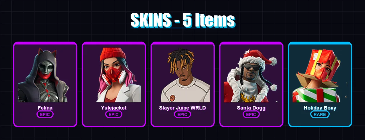 [SWITCH/XBOX/PSN/PC] | Felina | Yulejacket | Slayer Juice WRLD | Santa Dogg | Holiday Boxy | 5 skin | 37 pickaxe | 21 emote | 24 glider | Lv371