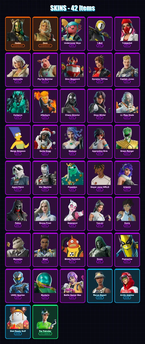 [PC/XBOX/PSN] | Hades | Zeus | Undercover Skye | 1-Ball | Yulejacket | 42 skin | 102 pickaxe | 58 emote | 67 glider | Lv1001