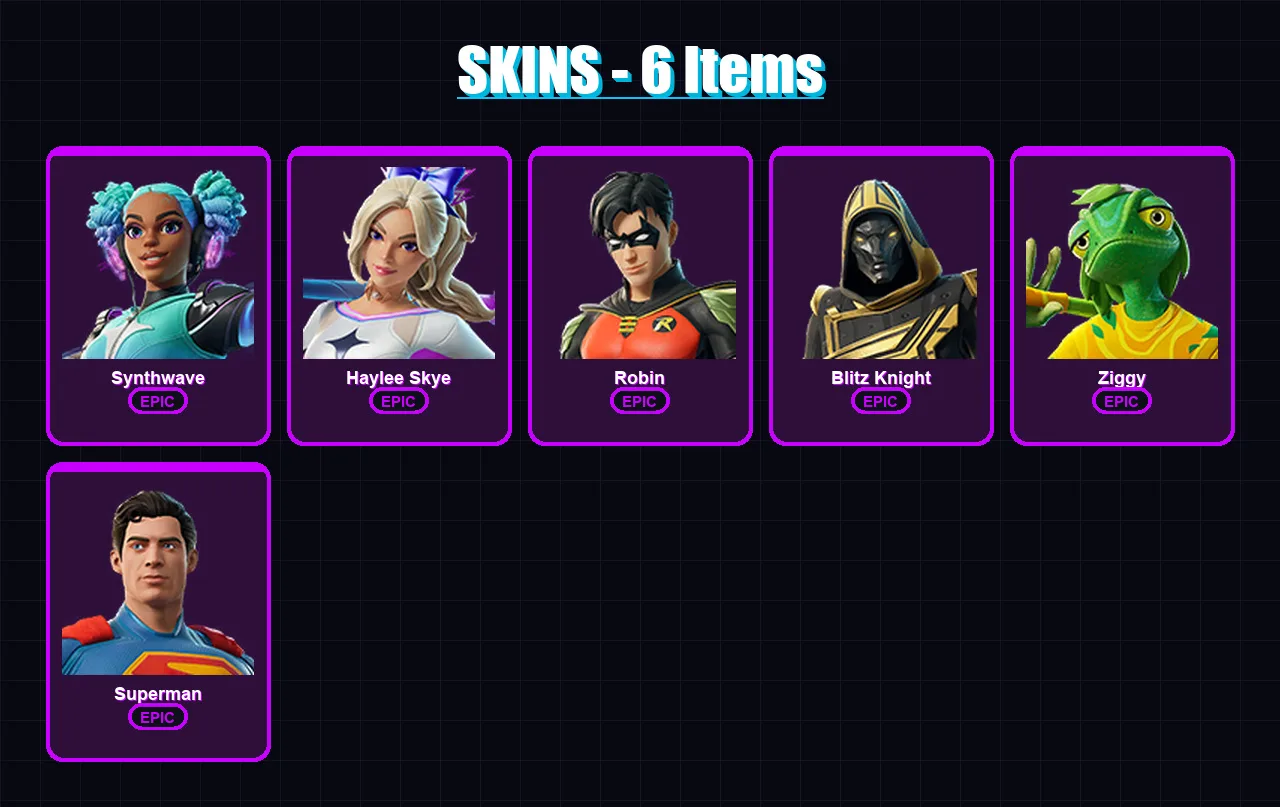 [SWITCH/XBOX/PSN/PC] | Synthwave | Haylee Skye | Robin | Blitz Knight | Ziggy | 6 skin | 16 pickaxe | 11 emote | 10 glider | Lv58