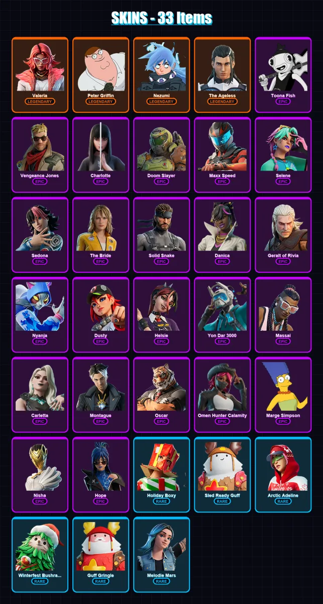 [PC/XBOX/PSN] | Valeria | Peter Griffin | Nezumi | The Ageless | Toona Fish | 33 skin | 42 pickaxe | 32 emote | 37 glider | Lv671