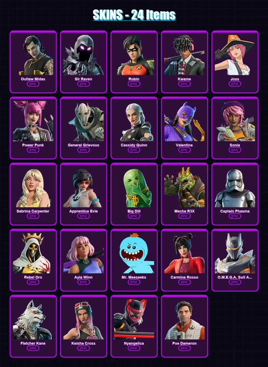 [PC/XBOX/PSN] | Outlaw Midas | Sir Raven | Robin | Kwame | Joss | 24 skin | 29 pickaxe | 21 emote | 15 glider | Lv124 — Fortnite account