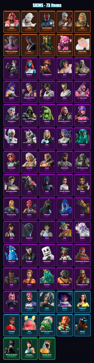[SWITCH/XBOX/PSN/PC] | Valeria | Snap | The Foundation | Ronin | Zeus | 73 skin | 87 pickaxe | 87 emote | 75 glider | Lv948