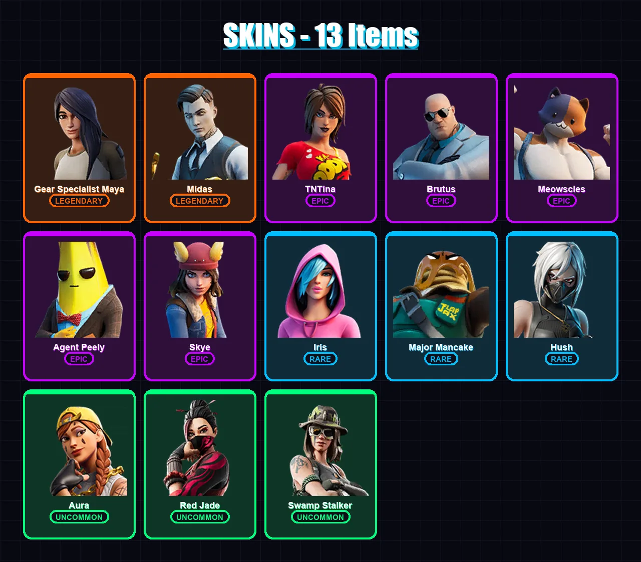 [PC/XBOX/PSN] | Gear Specialist Maya | Midas | TNTina | Brutus | Meowscles | 13 skin | 13 pickaxe | 13 emote | 12 glider | Lv186